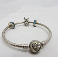 パンドラ アクセサリー チャーム付き ブレスレット S925 スノーハート 子猫 毛糸玉 ターコイズ シルバー Pandora